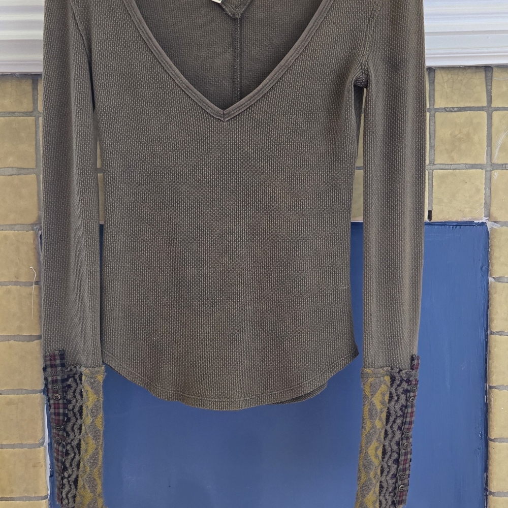 We The Free Olive Long Sleeve Top with Patterned Sleeves